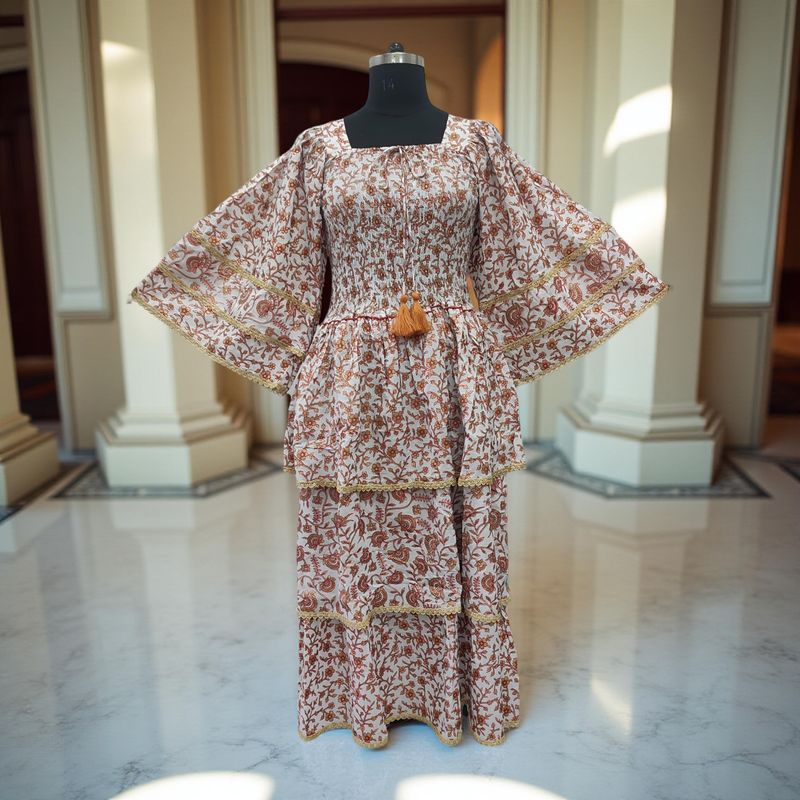 S/M Rahima Gold Printed Cotton Dress 57" Long Jalabiya