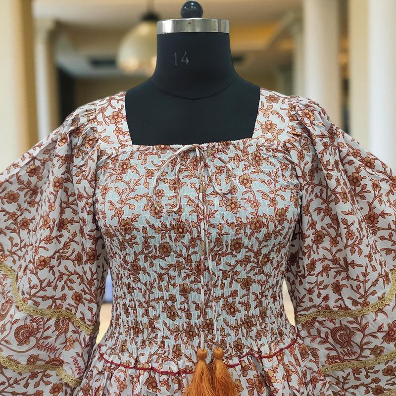 S/M Rahima Gold Printed Cotton Dress 57" Long Jalabiya
