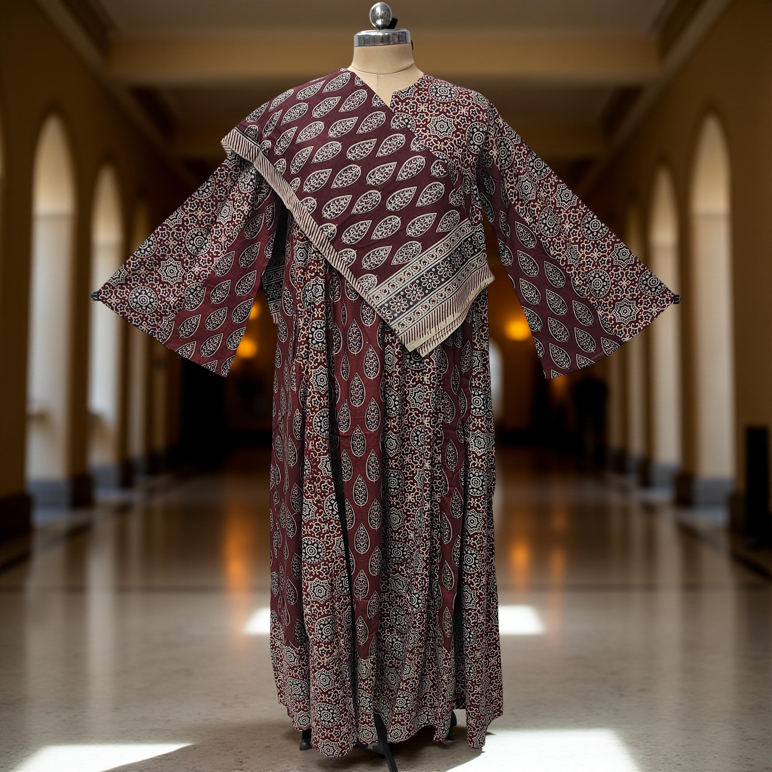 S-M Zahia Printed Cotton Dress 57" Long Jalabiya With Sheila