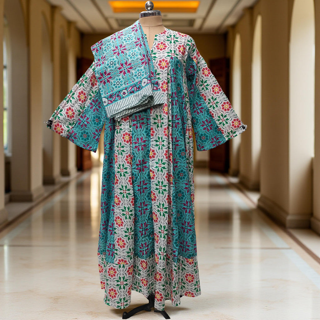 S-M Zahia Printed Cotton Dress 57" Long Jalabiya With Sheila