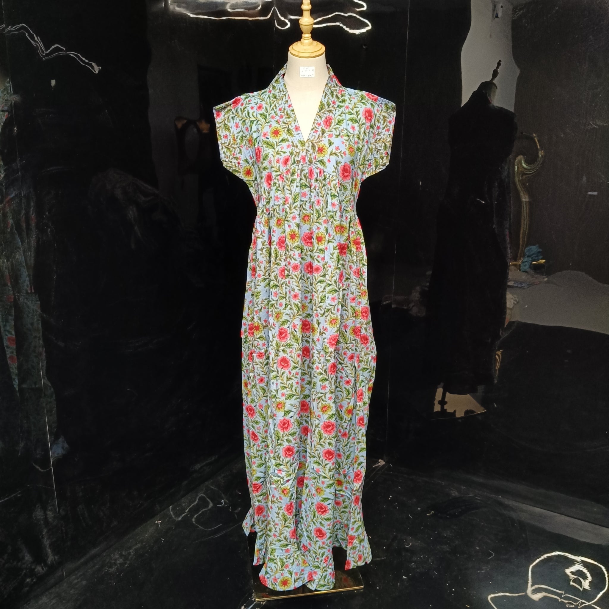 S/M Amani Printed Cotton Dress 57" Short Sleeves Jalabiya