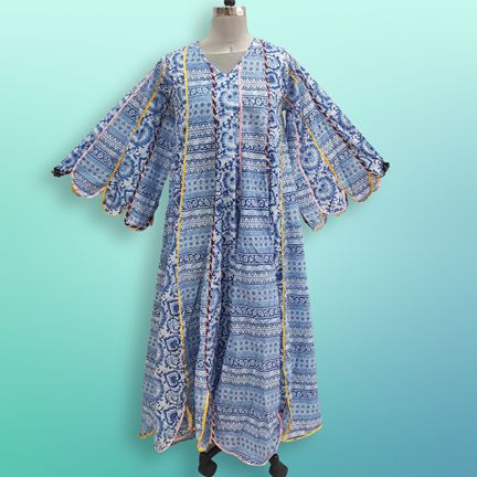 L/XL Meher Blue Printed Cotton Dress 57" Long Jalabiya