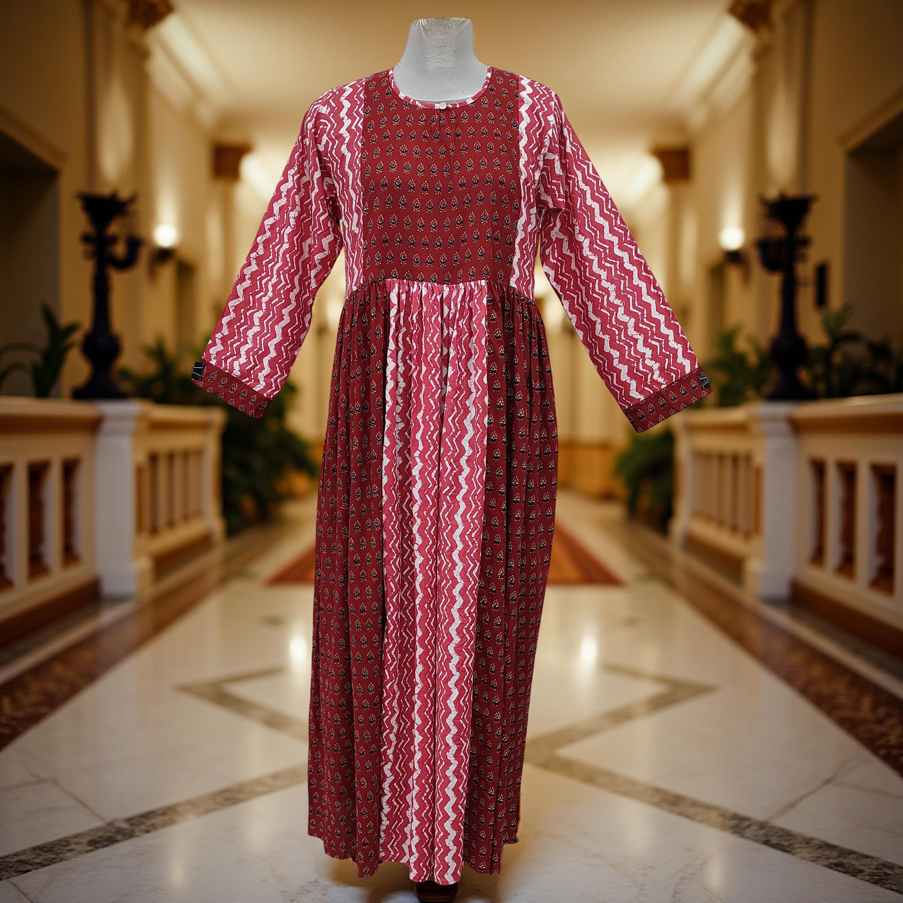 2XL-3XL Heba Printed Cotton Dress 57" Long Jalabiya