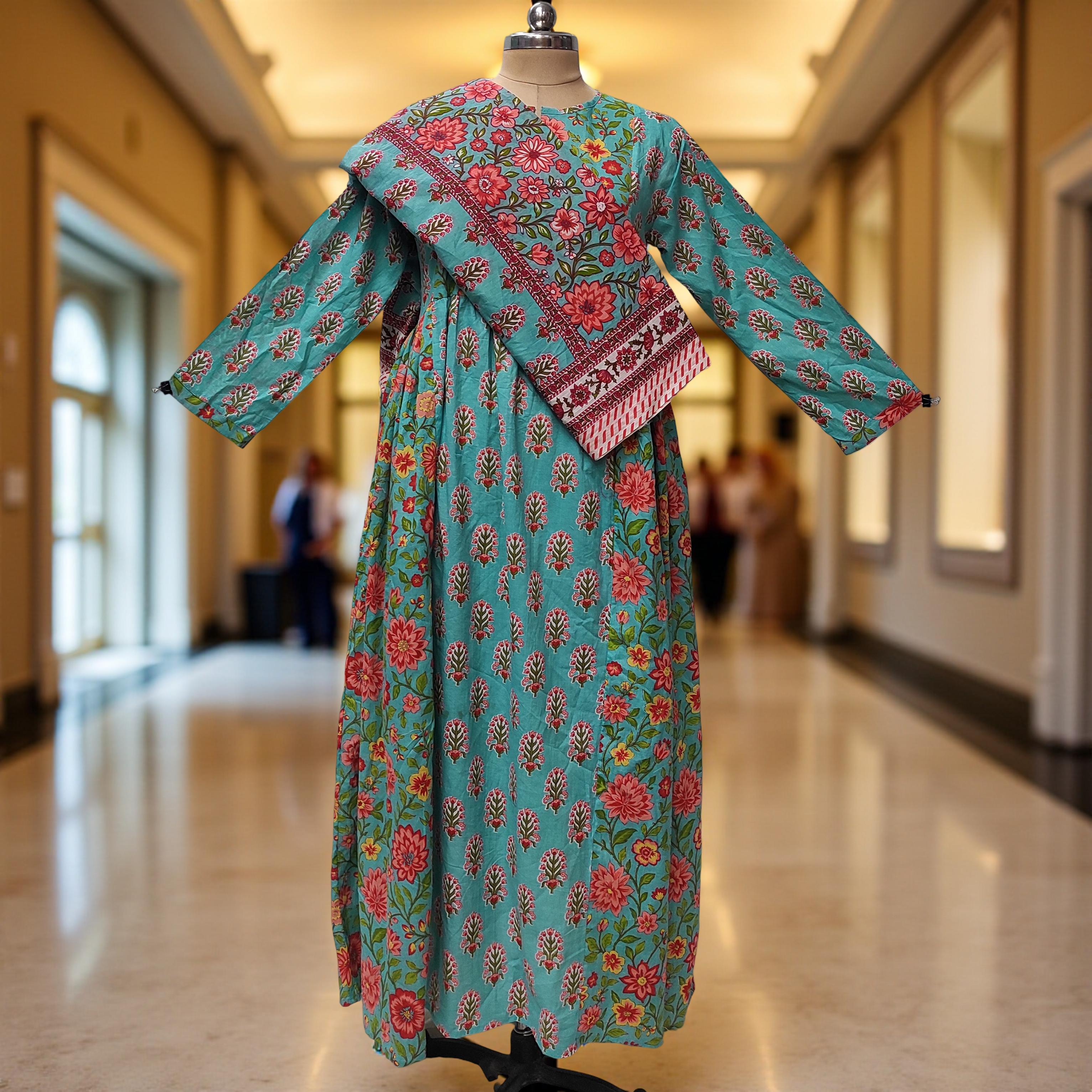 2XL-3XL Heba Printed Cotton Dress 57" Long Jalabiya With Sheila