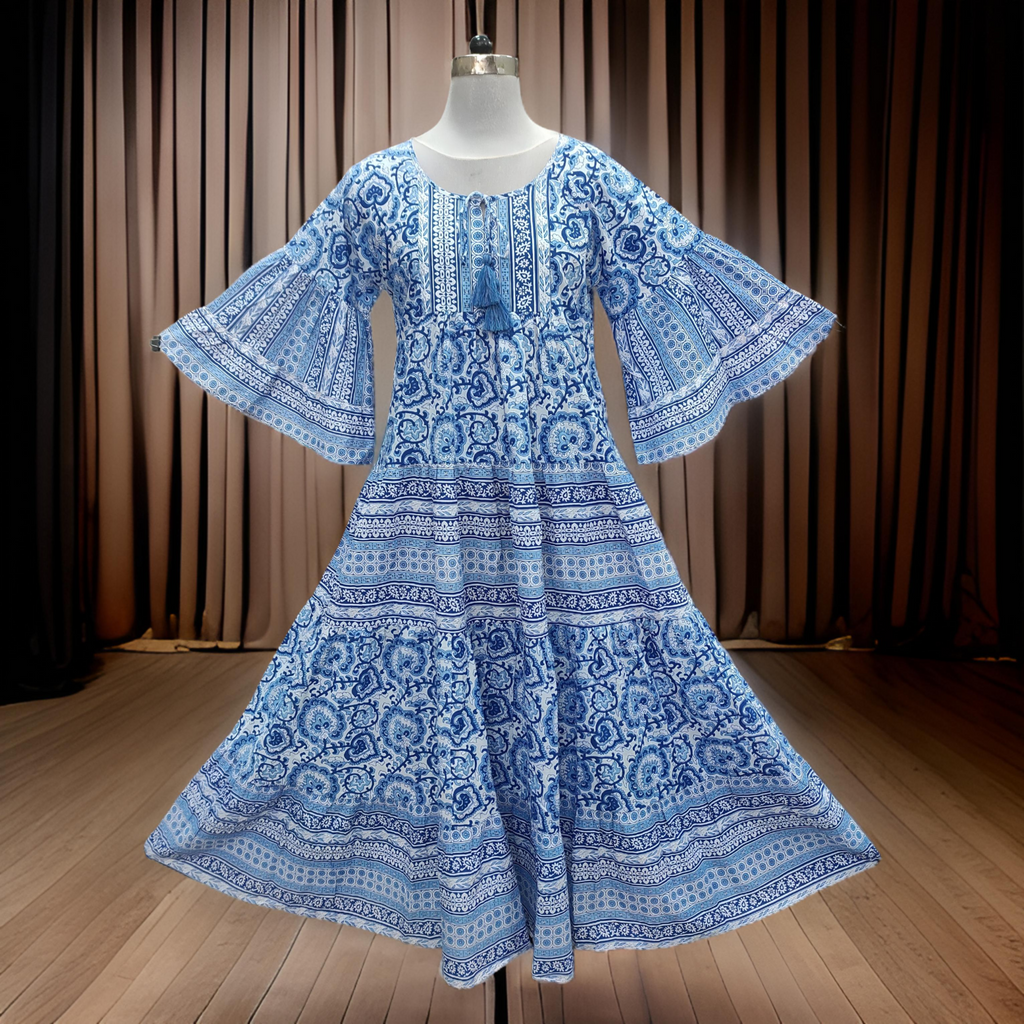 Gaby Blue Printed Cotton Dress Jalabiya