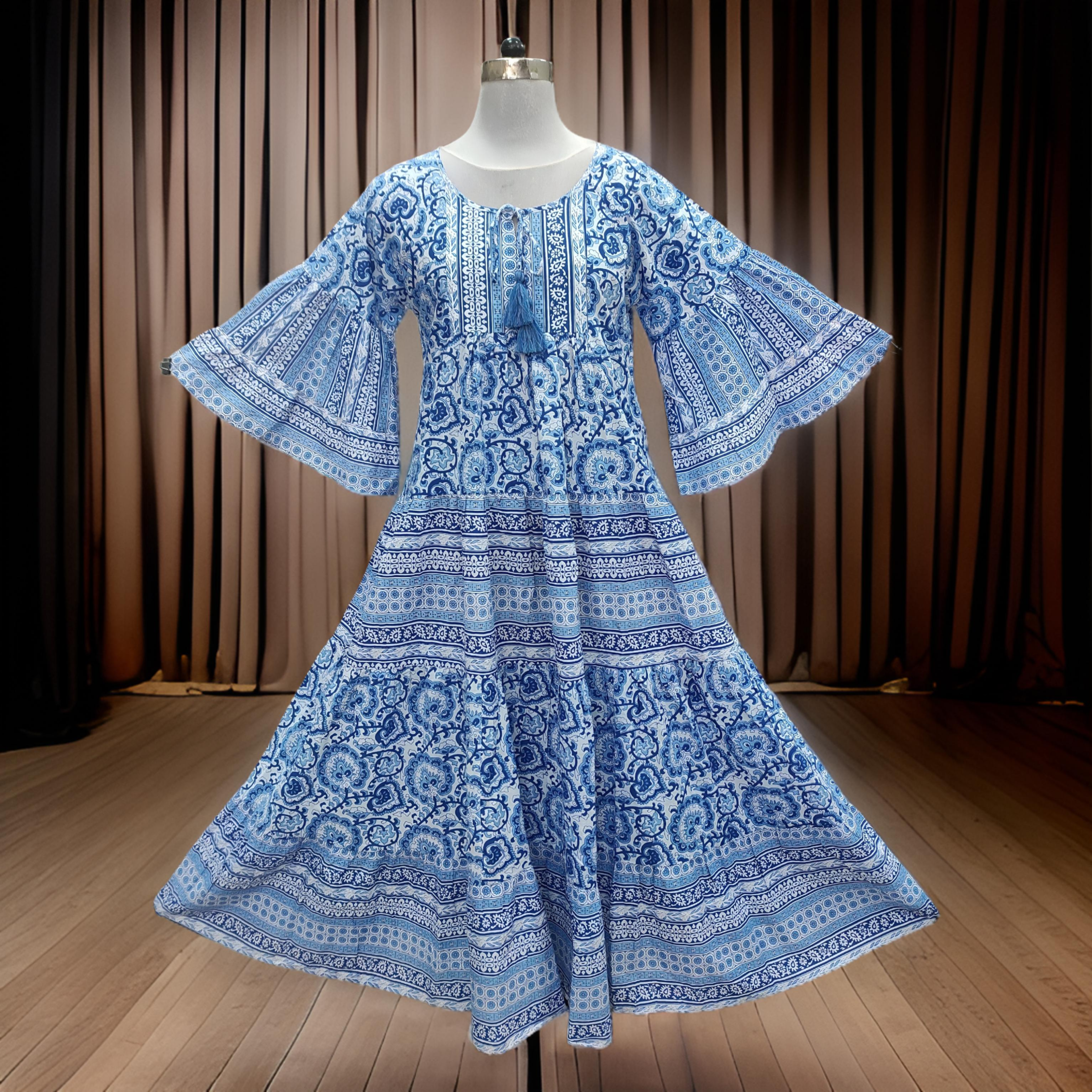Gaby Blue Printed Cotton Dress Jalabiya