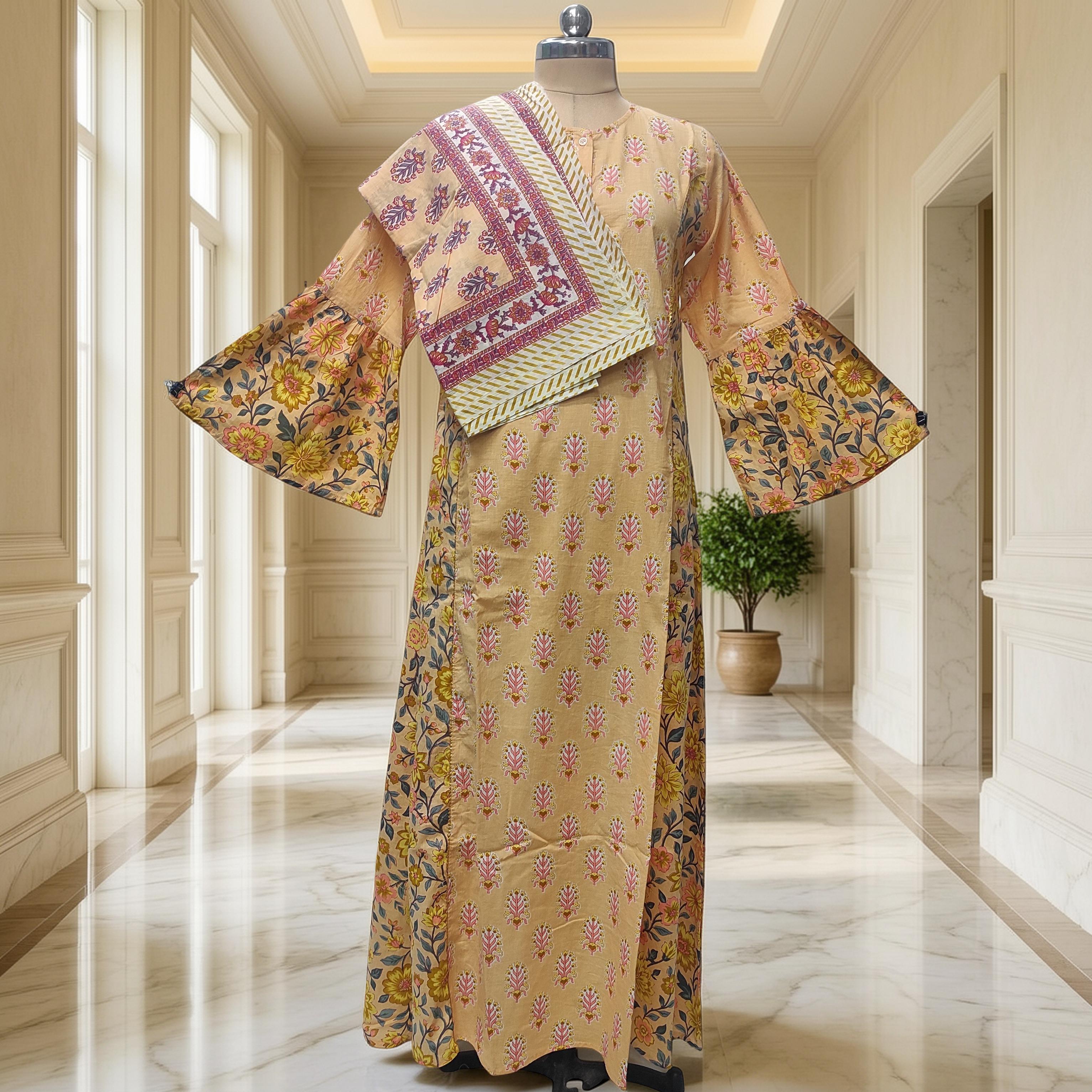XS-S Heba Cotton Printed Dress 54" Long Jalabiya With Sheila