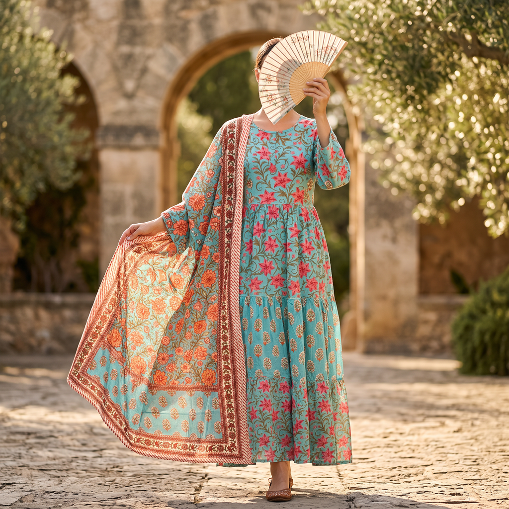 S-M Juhi Printed Cotton Dress 57" Long Jalabiya With Sheila TN 347