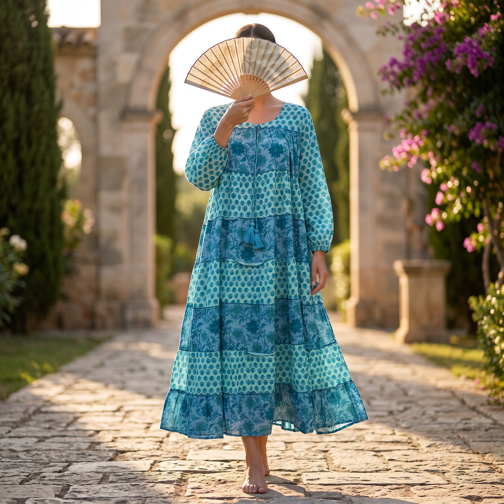 L/XL Bushra Printed Cotton Dress 57" Long Jalabiya