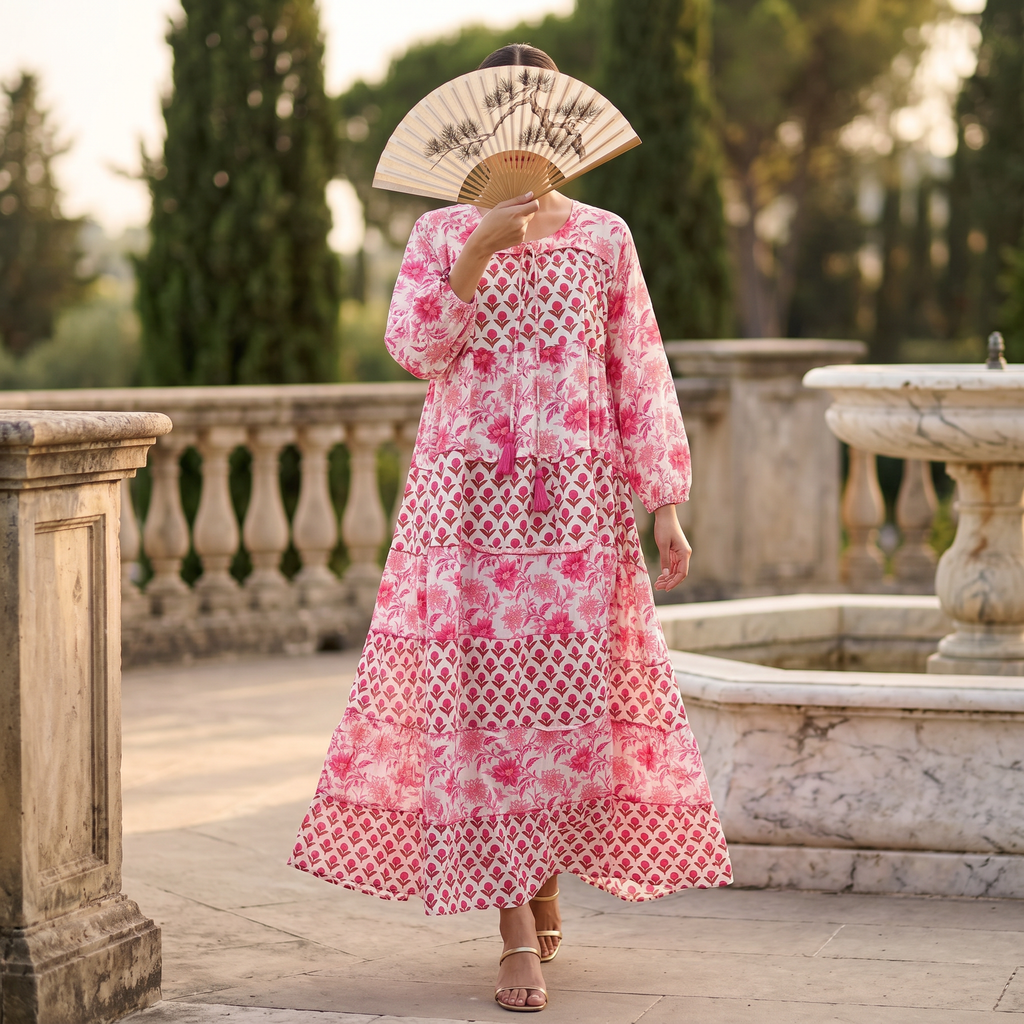 L/XL Bushra Printed Cotton Dress 57" Long Jalabiya