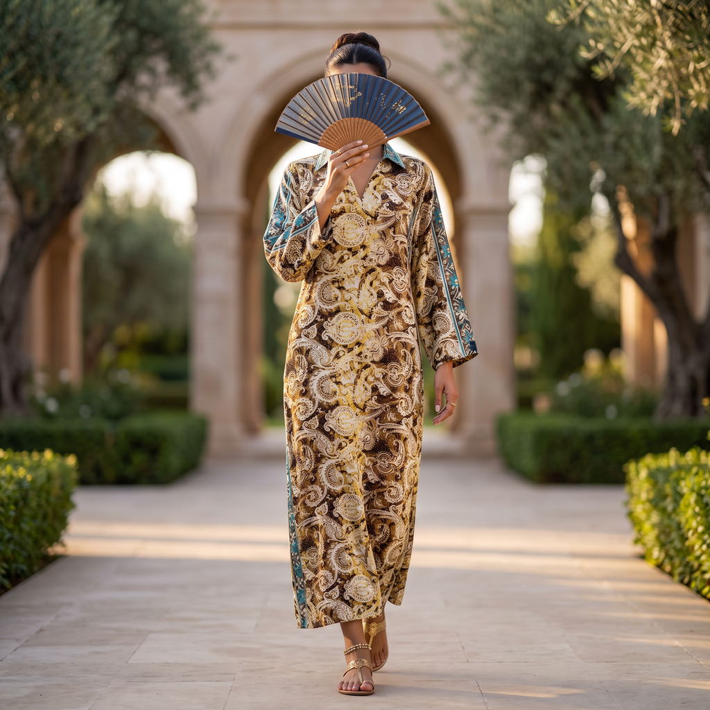 L/XL Hayat Silk Crystal Printed Dress 57" Long Jalabiya