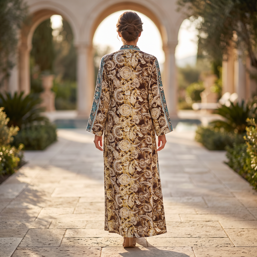 L/XL Hayat Silk Crystal Printed Dress 57" Long Jalabiya