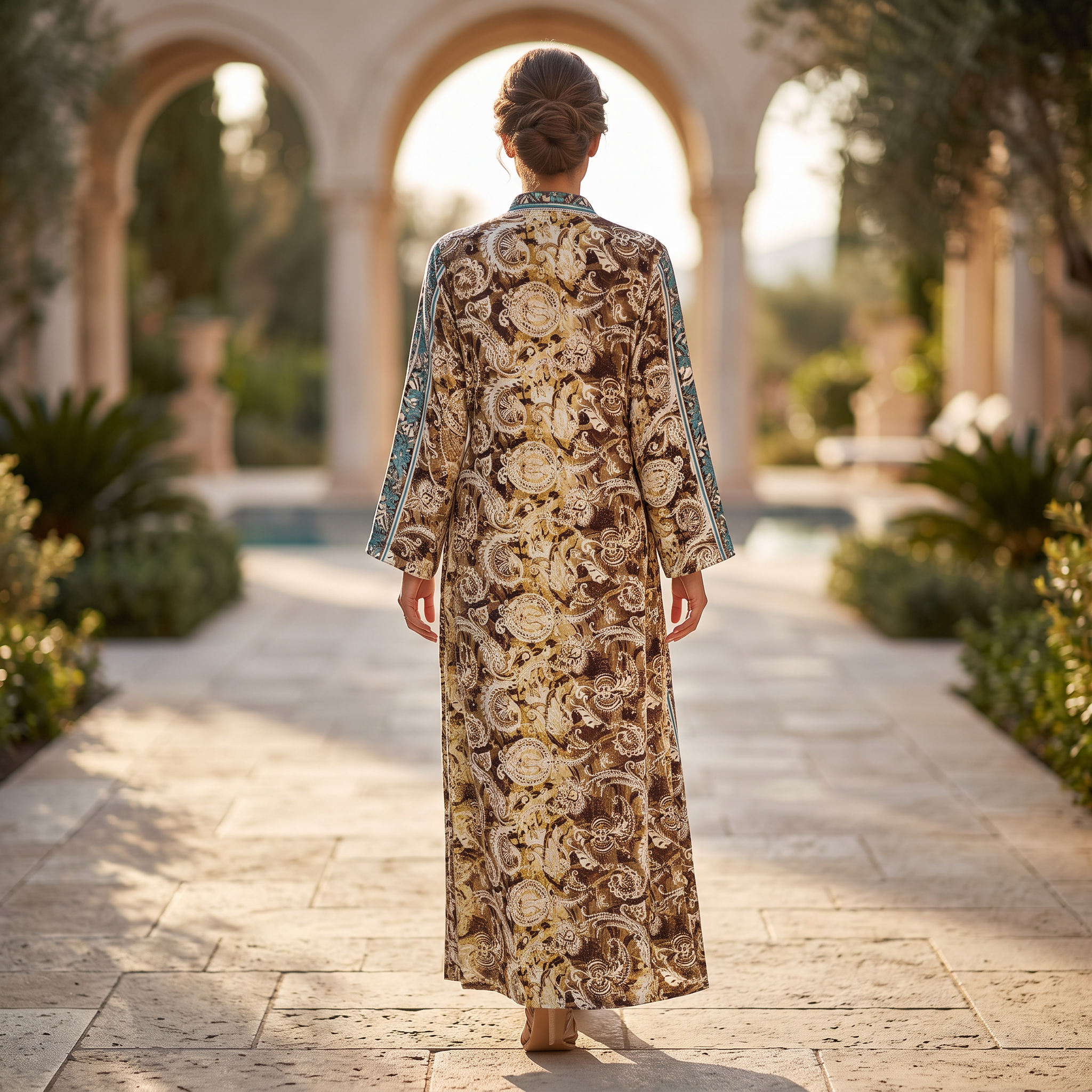 L/XL Hayat Silk Crystal Printed Dress 57" Long Jalabiya