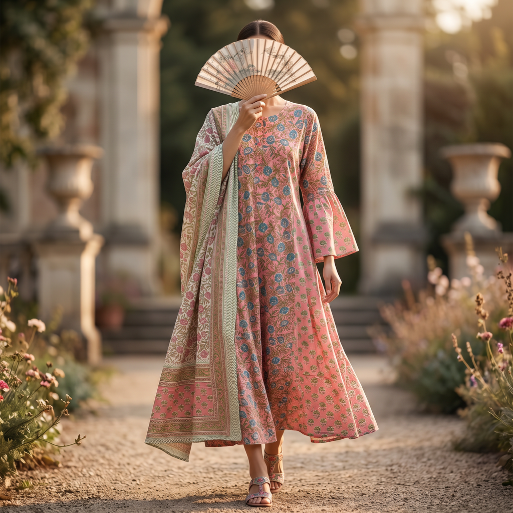 L-XL Marry Printed Cotton Dress 57" Long Jalabiya With Sheila TN 405