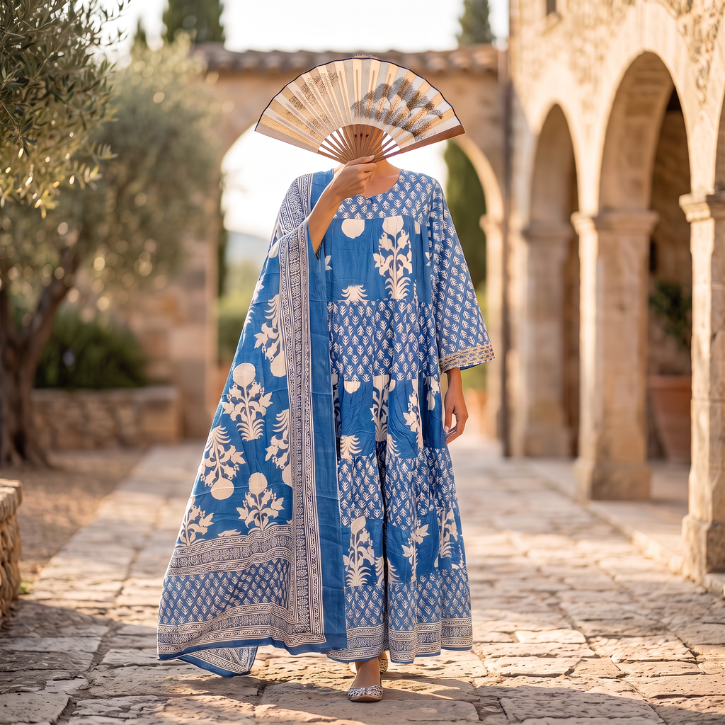 XS-S Moon Printed Cotton Dress 54" Long Jalabiya With Sheila TN 348