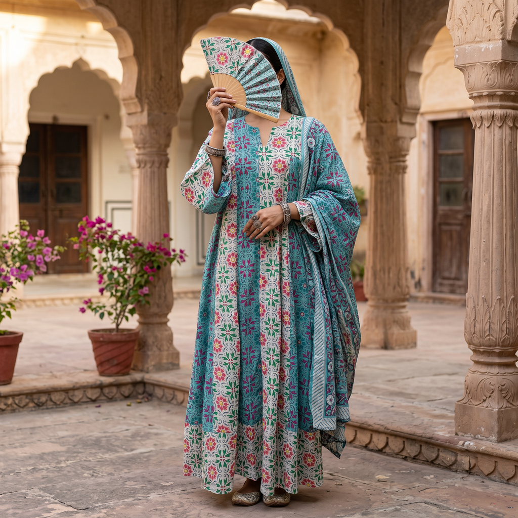 XS/S Zahia Printed Cotton Dress 54" Long Jalabiya With Sheila