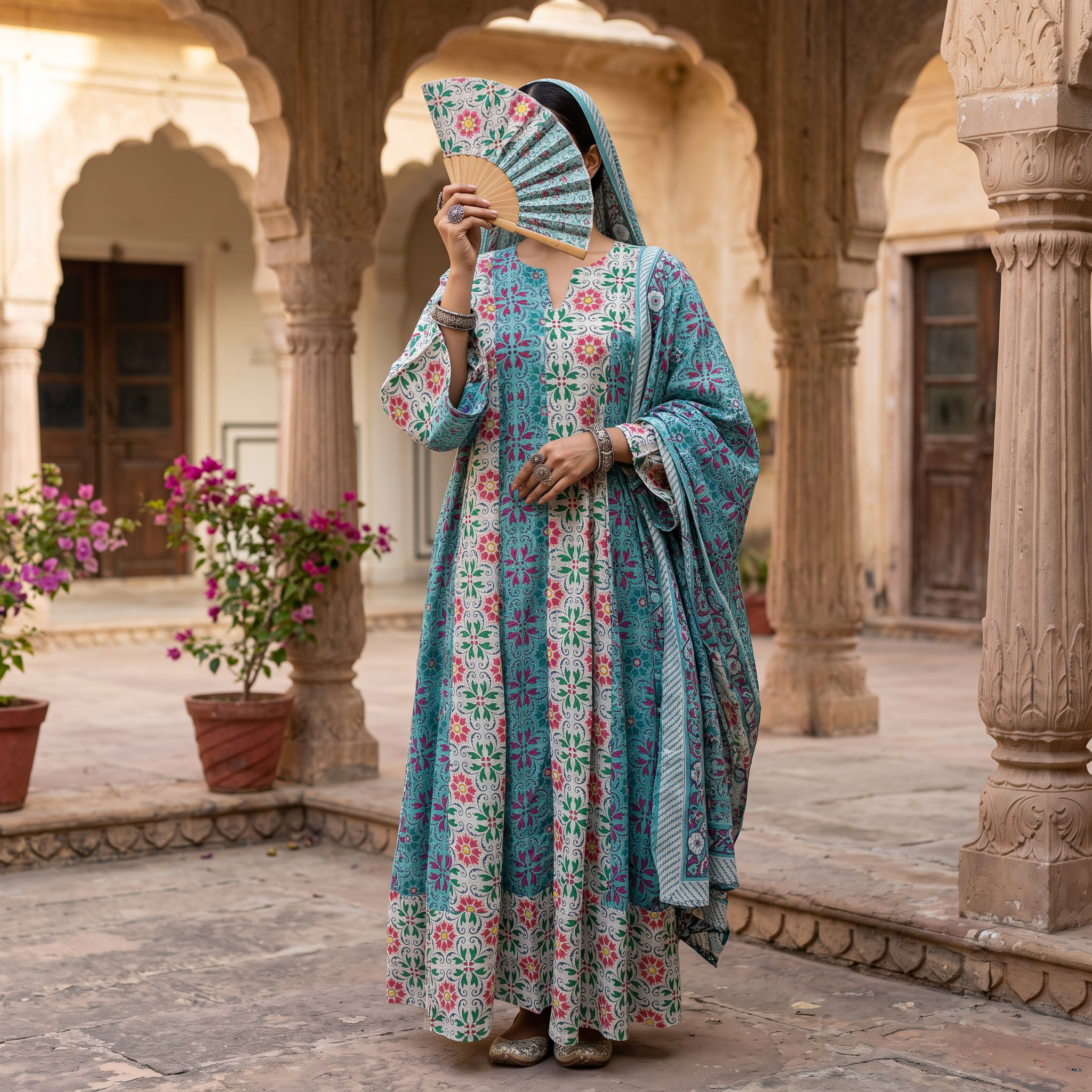 XS/S Zahia Printed Cotton Dress 54" Long Jalabiya With Sheila