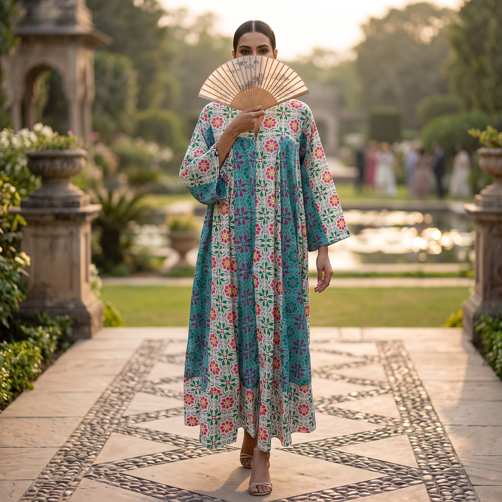 XS/S Zahia Printed Cotton Dress 54" Long Jalabiya With Sheila