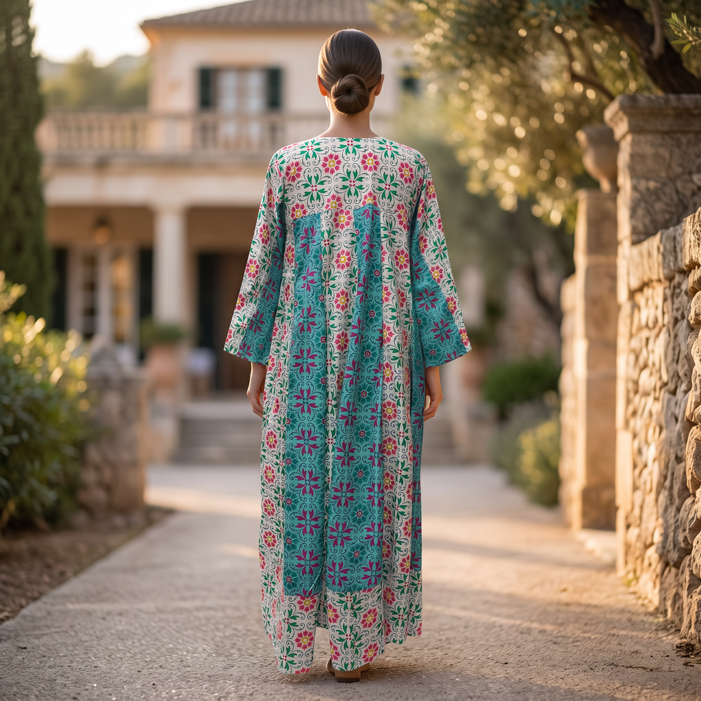 XS/S Zahia Printed Cotton Dress 54" Long Jalabiya With Sheila
