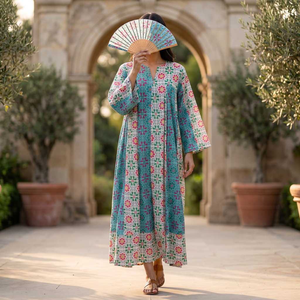 L-XL Zahia Printed Cotton Dress 57" Long Jalabiya With Sheila