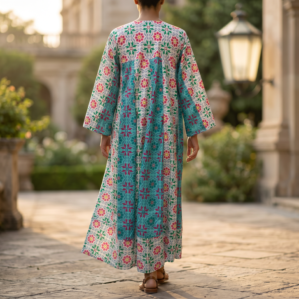 L-XL Zahia Printed Cotton Dress 57" Long Jalabiya With Sheila