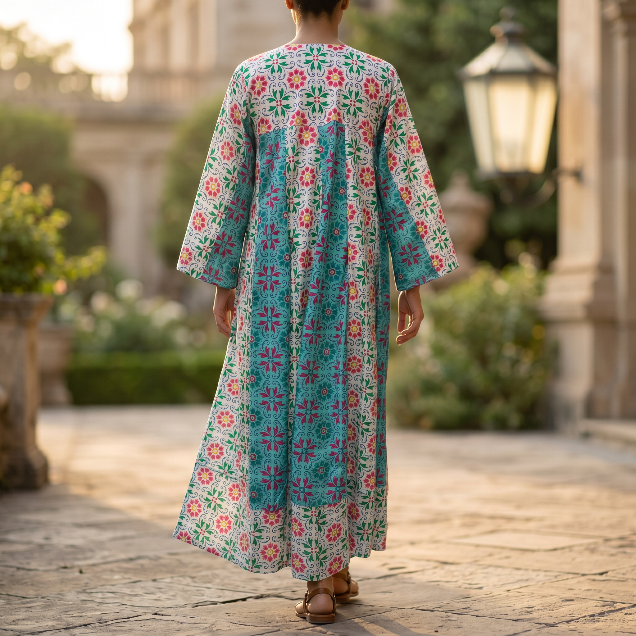 L-XL Zahia Printed Cotton Dress 57" Long Jalabiya With Sheila