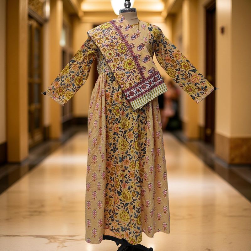 L/XL Heba Printed Cotton Dress 57" Long Jalabiya With Sheila