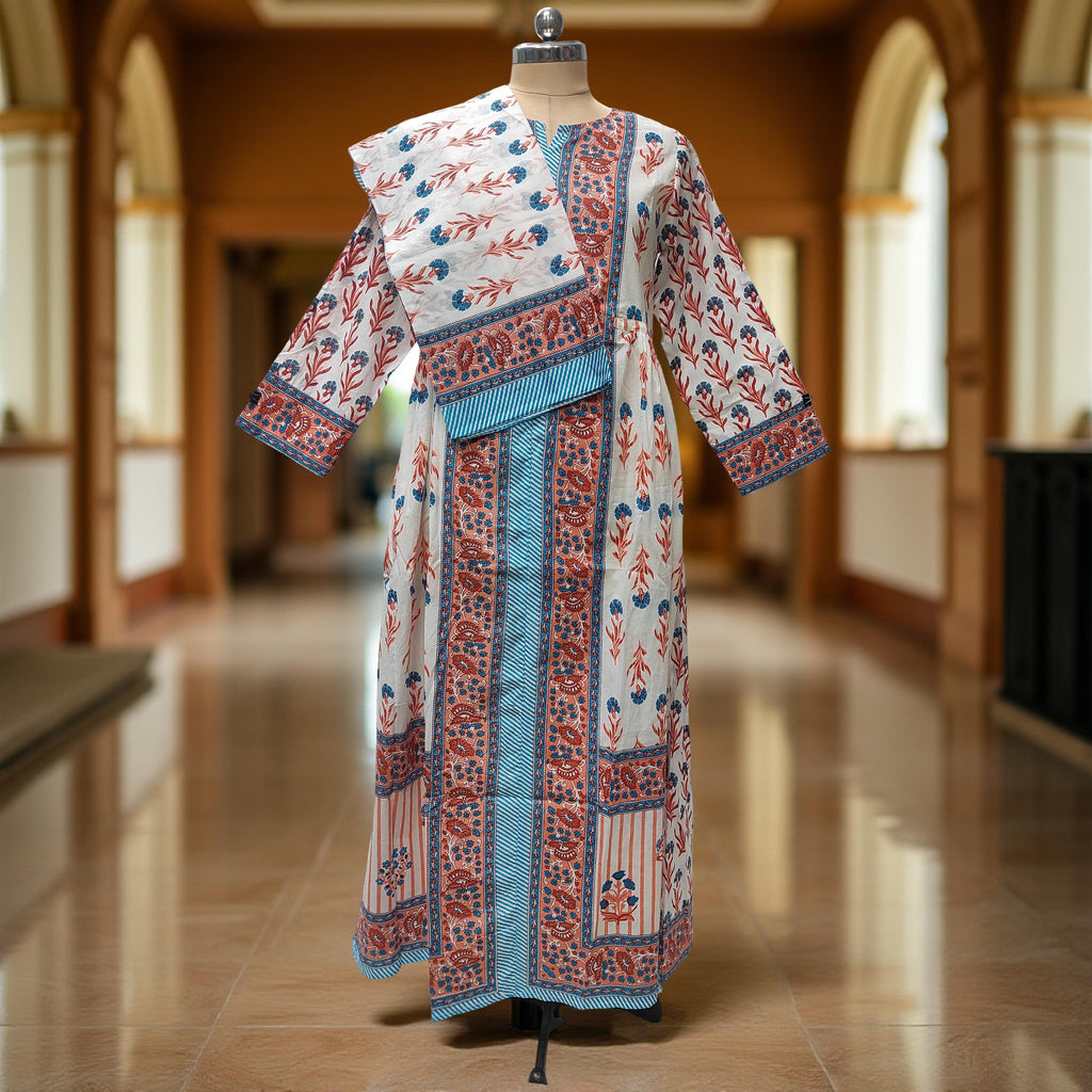 XS/S Bhopali Printed Cotton Dress 57" Long Jalabiya With Sheila