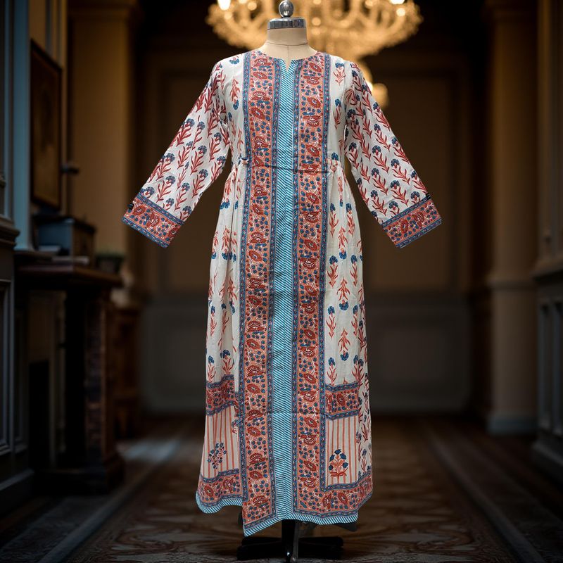 XS/S Bhopali Printed Cotton Dress 57" Long Jalabiya With Sheila