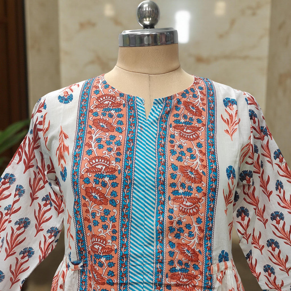 XS/S Bhopali Printed Cotton Dress 57" Long Jalabiya With Sheila