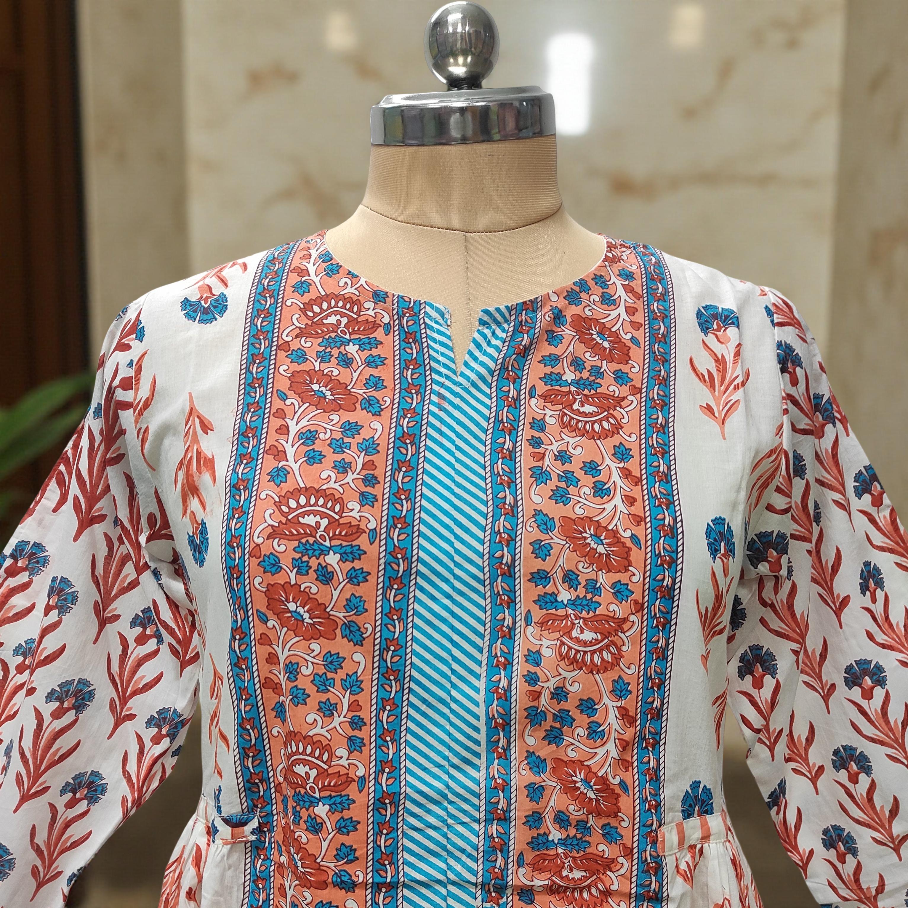 XS/S Bhopali Printed Cotton Dress 57" Long Jalabiya With Sheila
