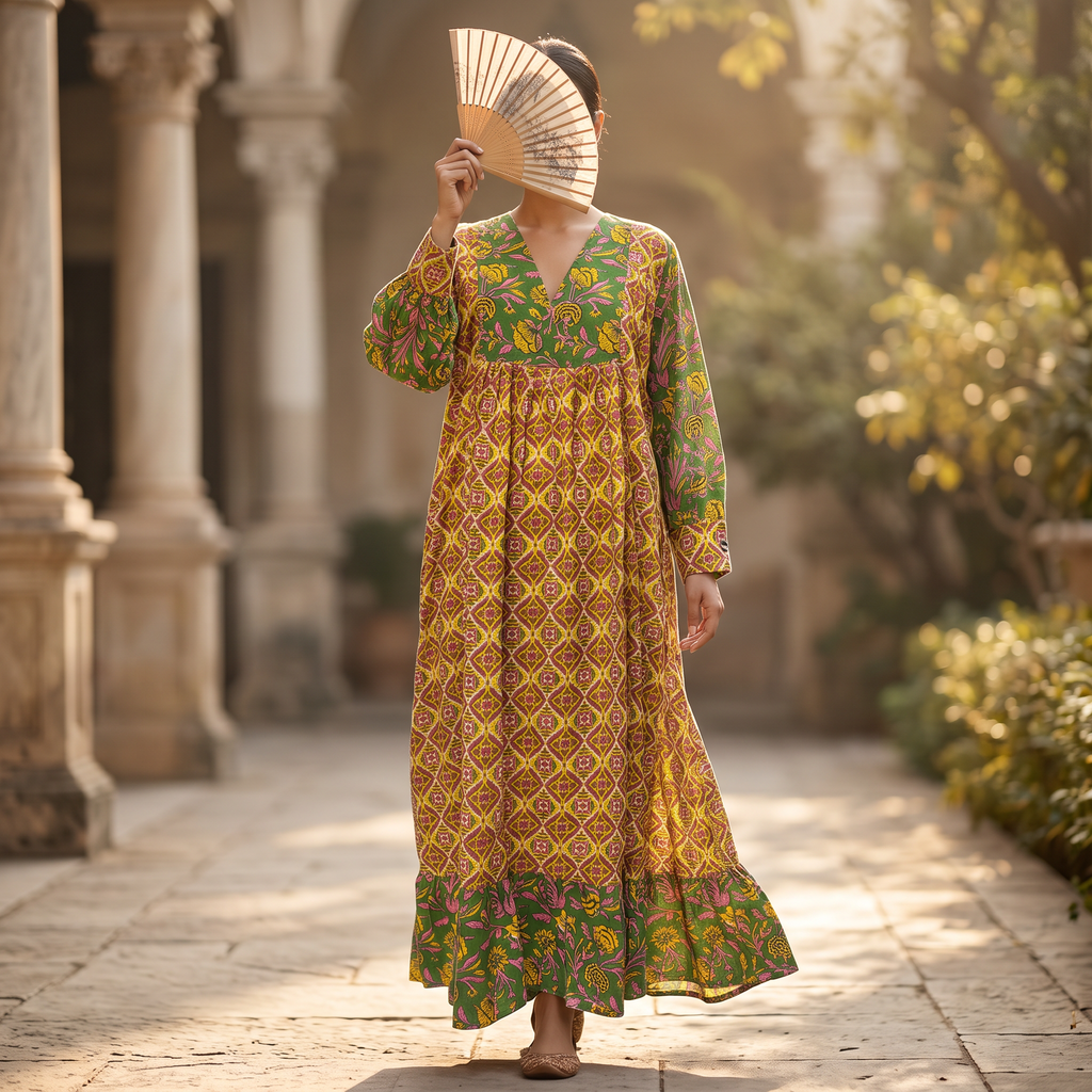 S/M Yamana Printed Cotton Dress 57" Long Jalabiya