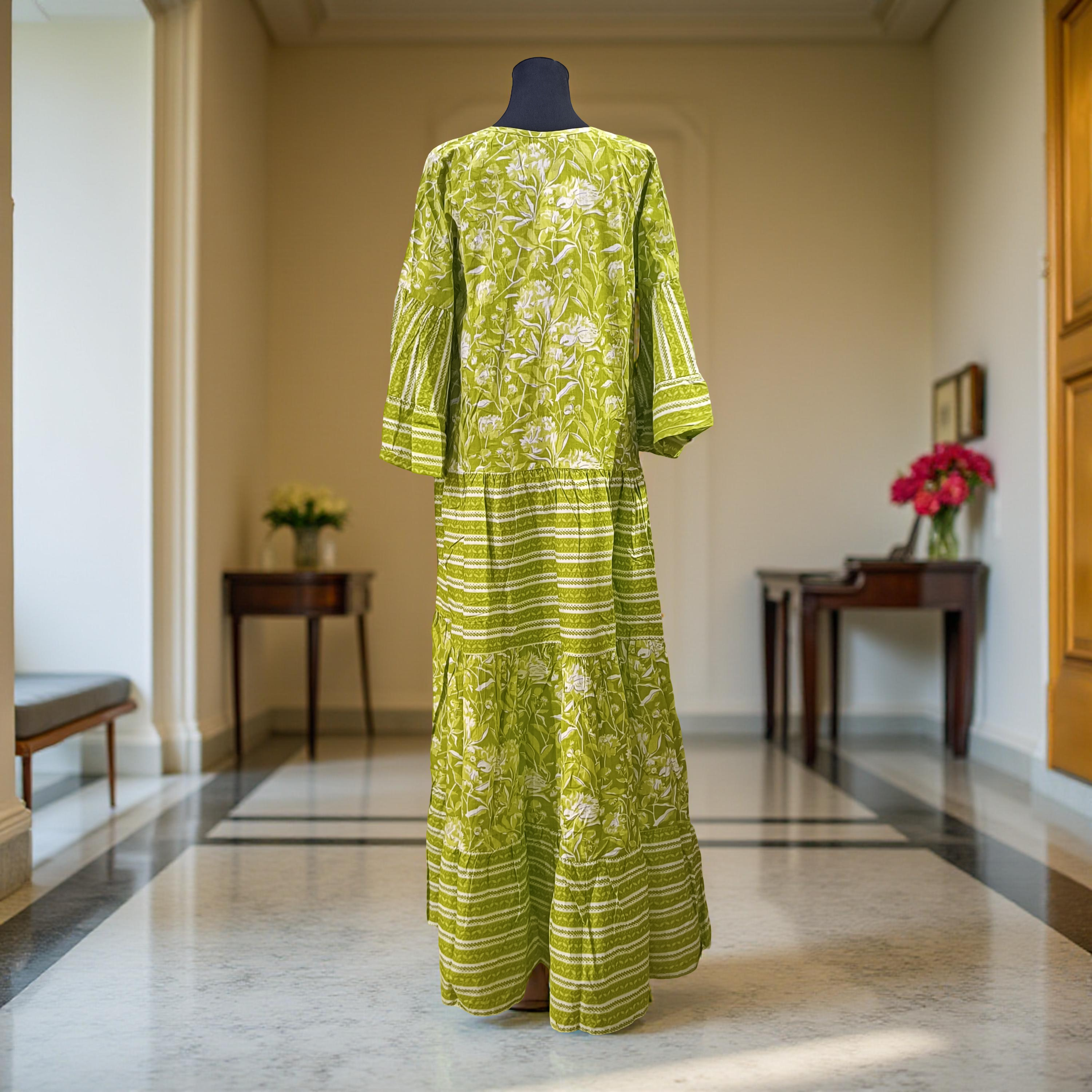 L-XL Gaby Blue Printed Cotton Dress 57" Long Jalabiya