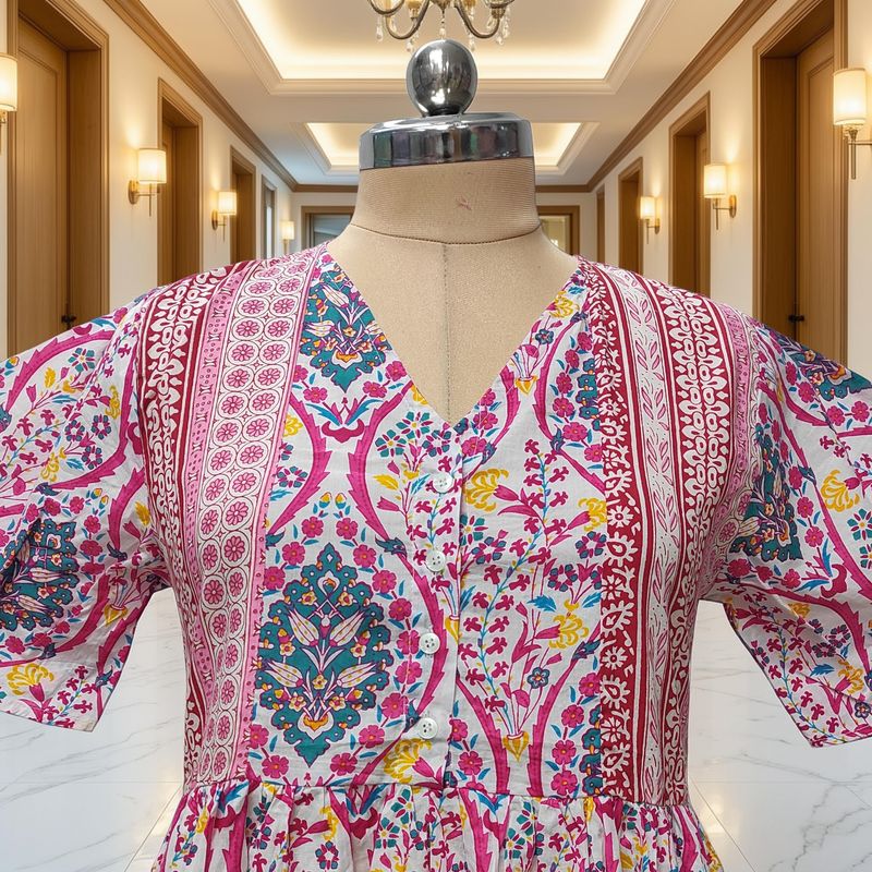 S/M Rahaf Printed Cotton Dress 57" Long Jalabiya