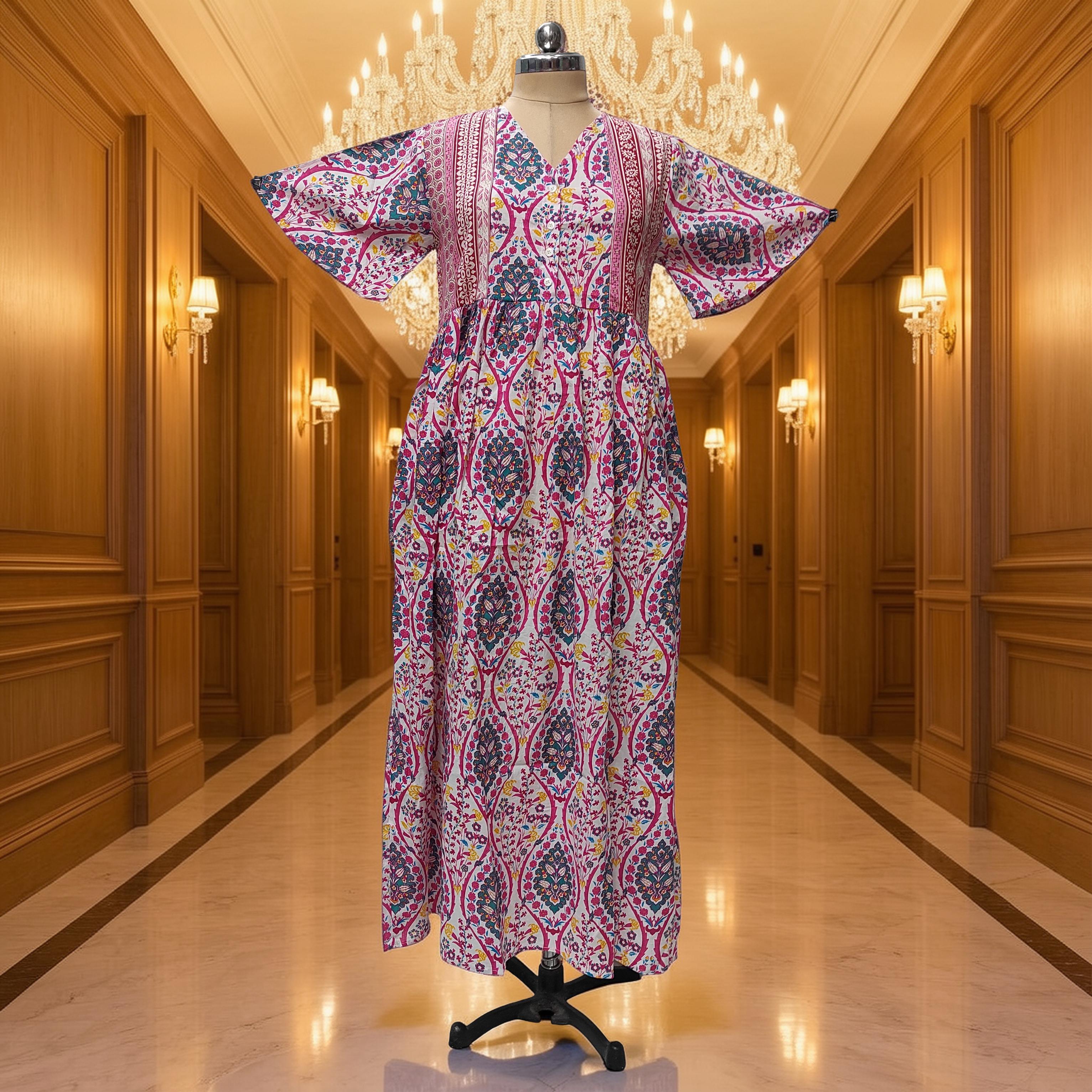 S/M Rahaf Printed Cotton Dress 57" Long Jalabiya