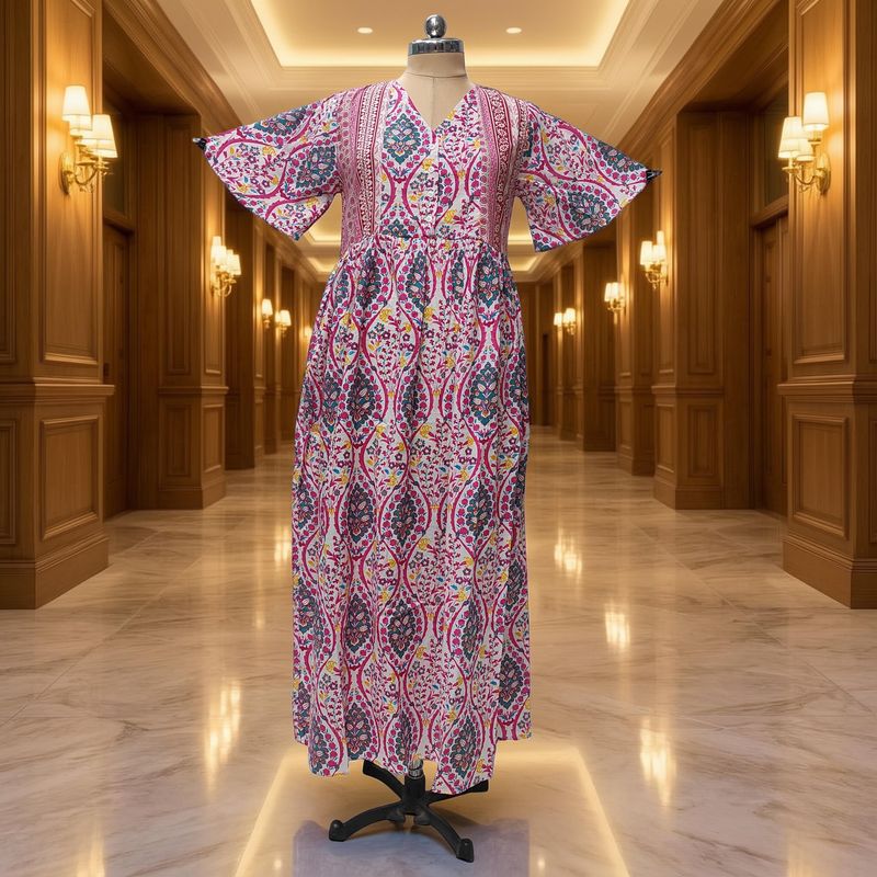 S/M Rahaf Printed Cotton Dress 57" Long Jalabiya