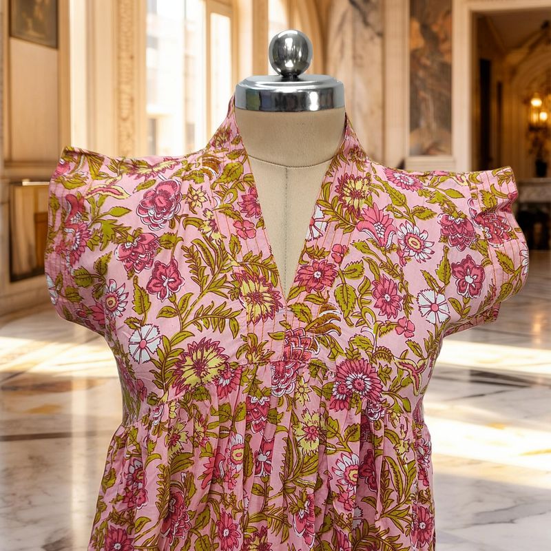 S/M Amani Printed Cotton Dress 57" Short Sleeves Jalabiya