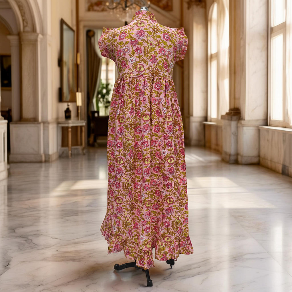 S/M Amani Printed Cotton Dress 57" Short Sleeves Jalabiya