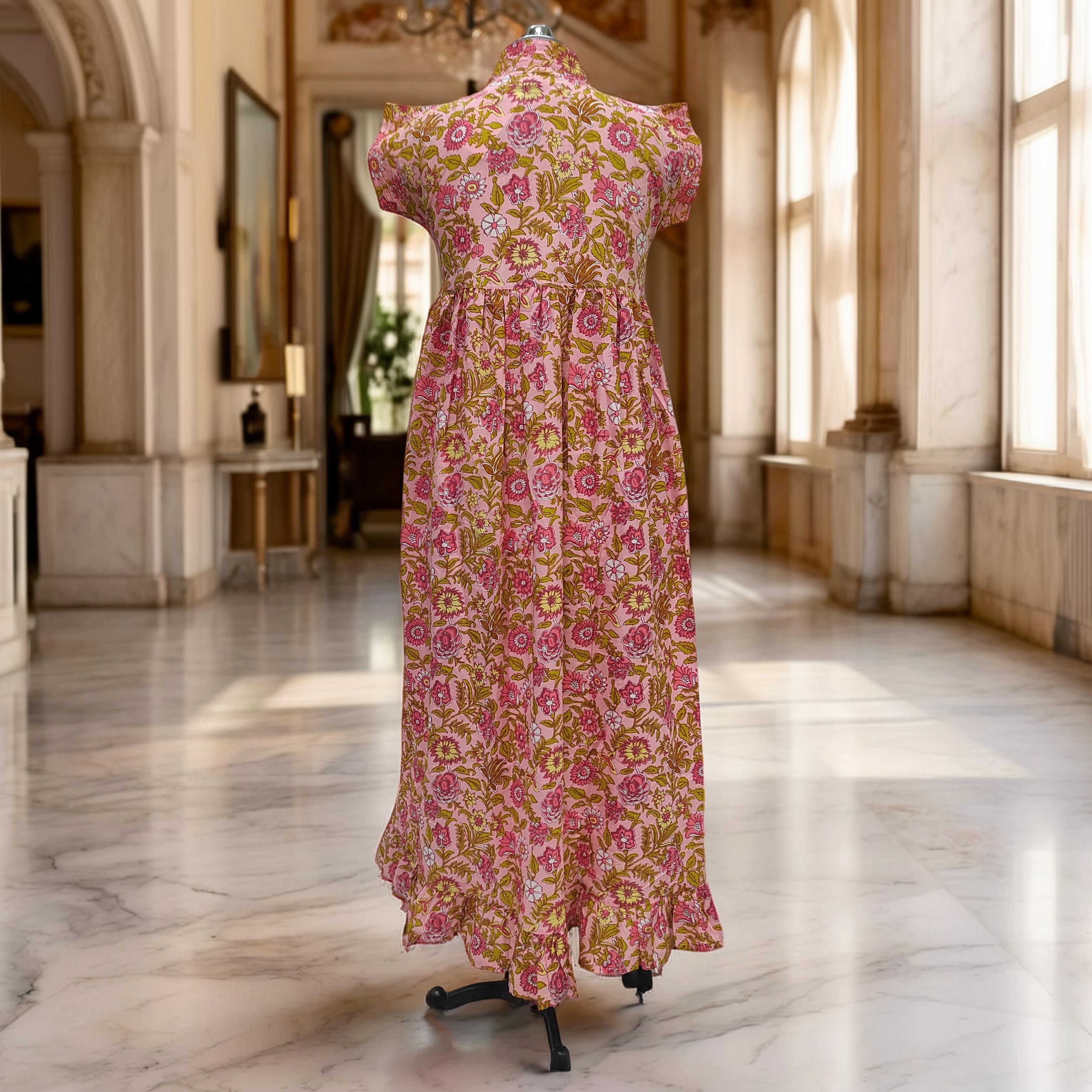 S/M Amani Printed Cotton Dress 57" Short Sleeves Jalabiya