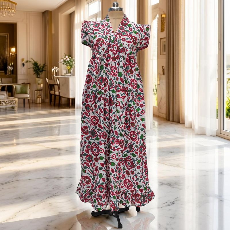 S/M Amani Printed Cotton Dress 57" Short Sleeves Jalabiya