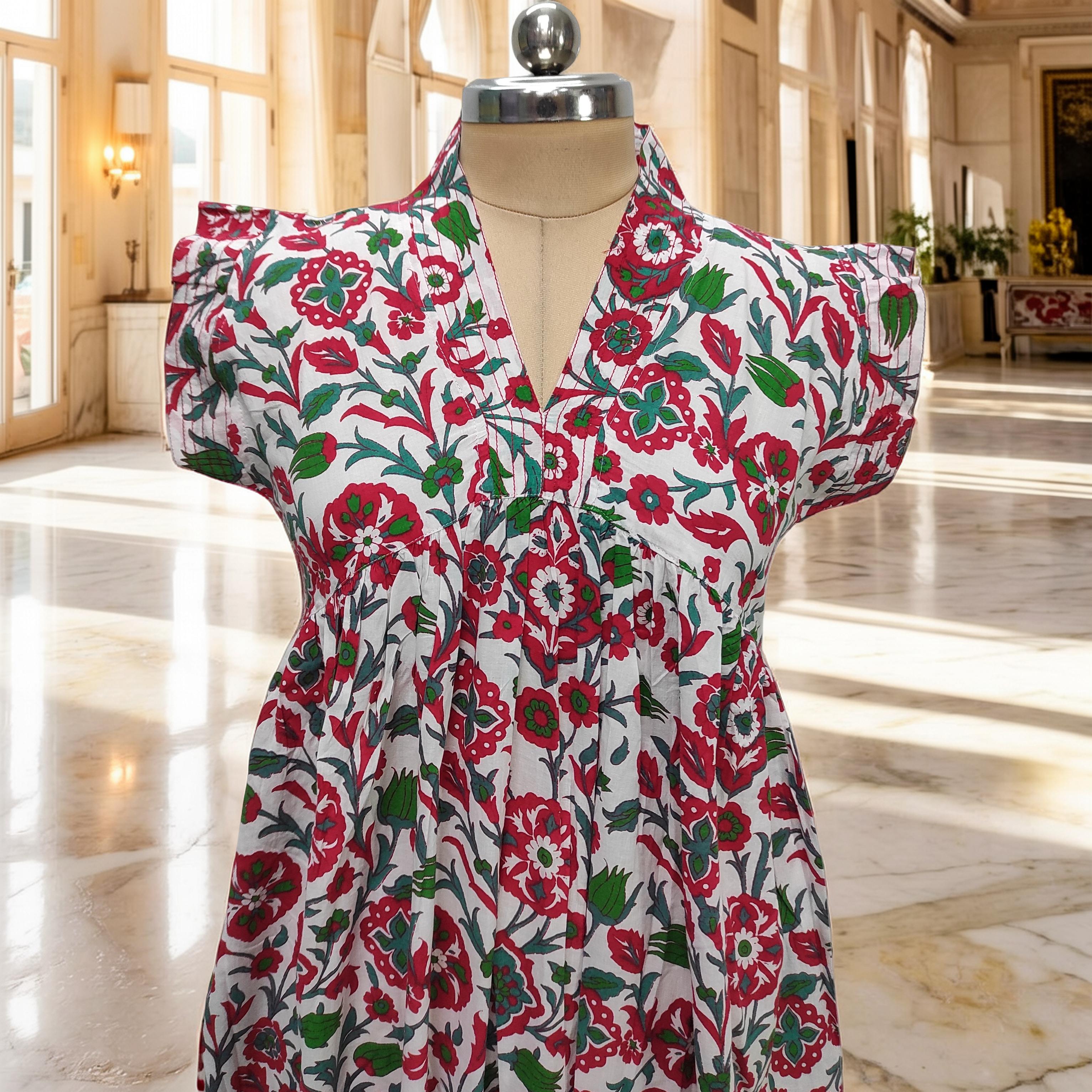 S/M Amani Printed Cotton Dress 57" Short Sleeves Jalabiya
