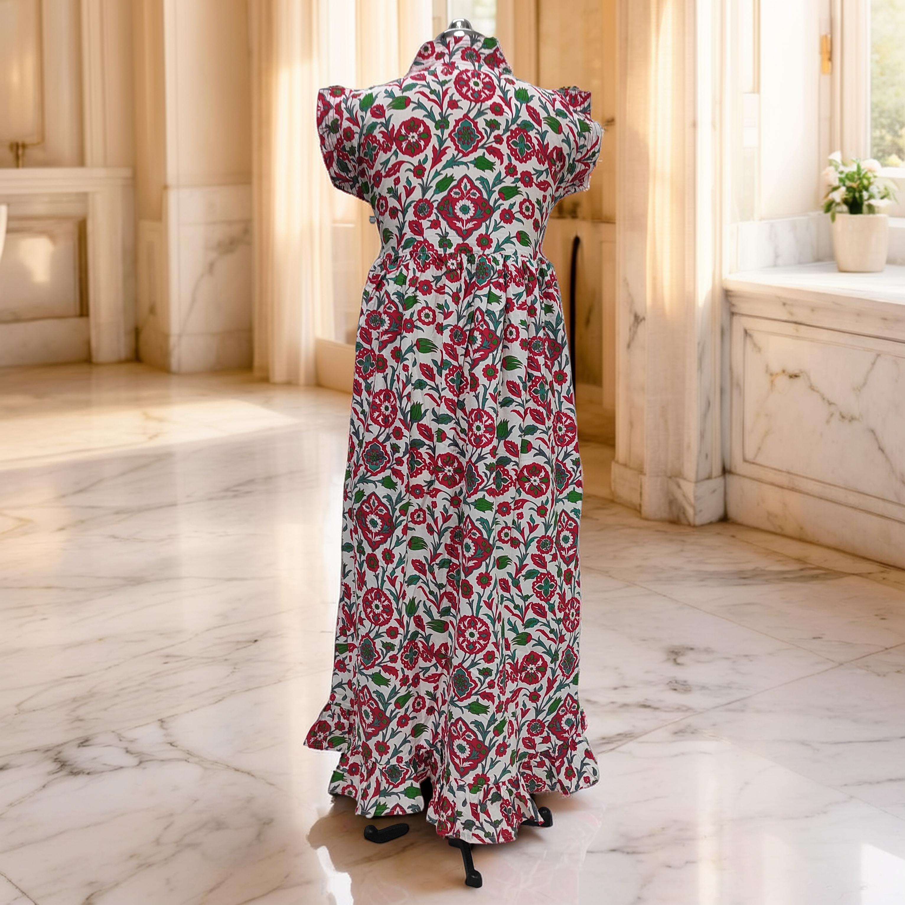 S/M Amani Printed Cotton Dress 57" Short Sleeves Jalabiya