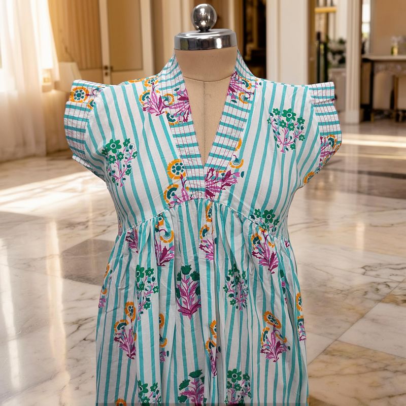 S/M Amani Printed Cotton Dress 57" Short Sleeves Jalabiya