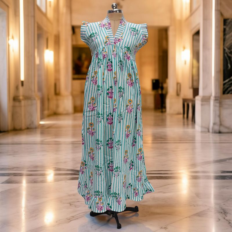S/M Amani Printed Cotton Dress 57" Short Sleeves Jalabiya