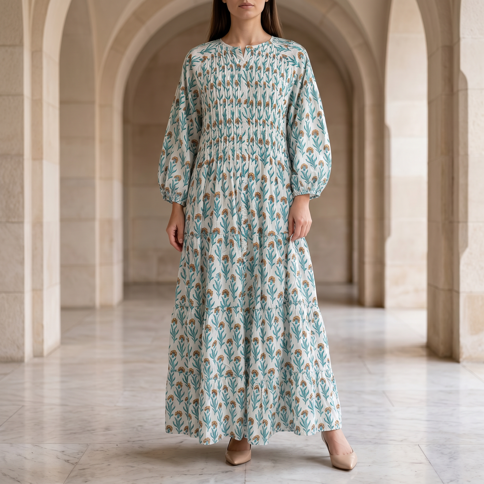 S-M Fawz Printed Cotton Dress 57" Long Jalabiya 25168-1322  JP