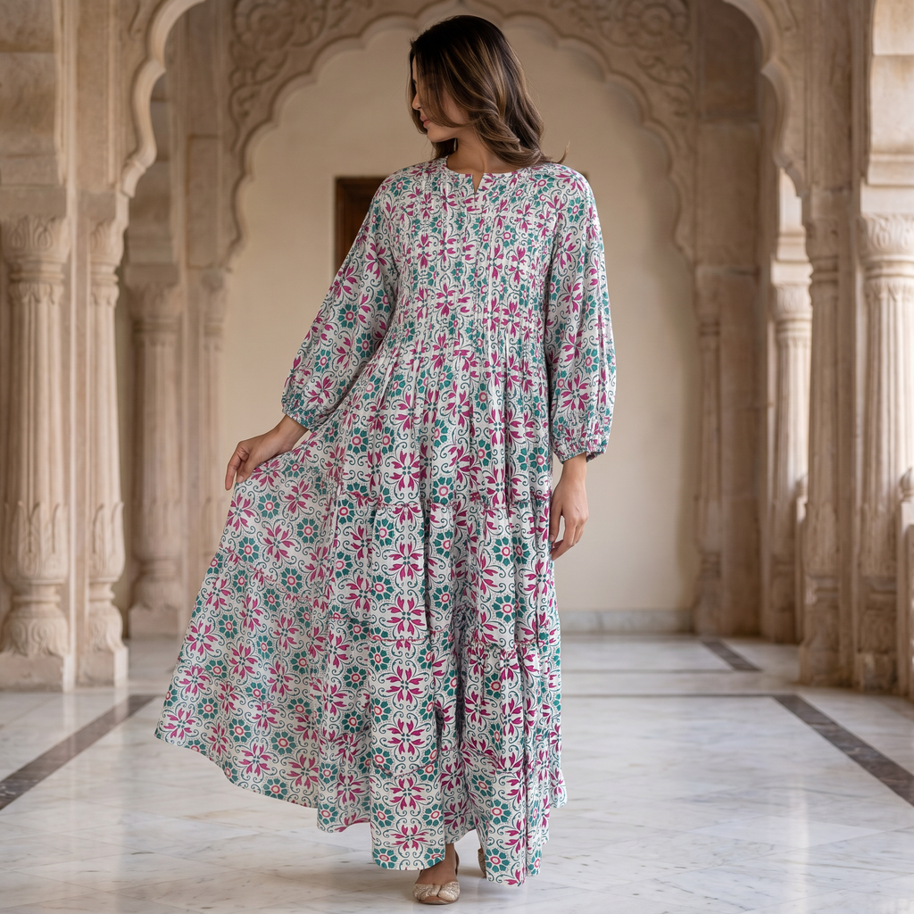 L-XL Fawz Printed Cotton Dress 57" Long Jalabiya 25169-1322  JP