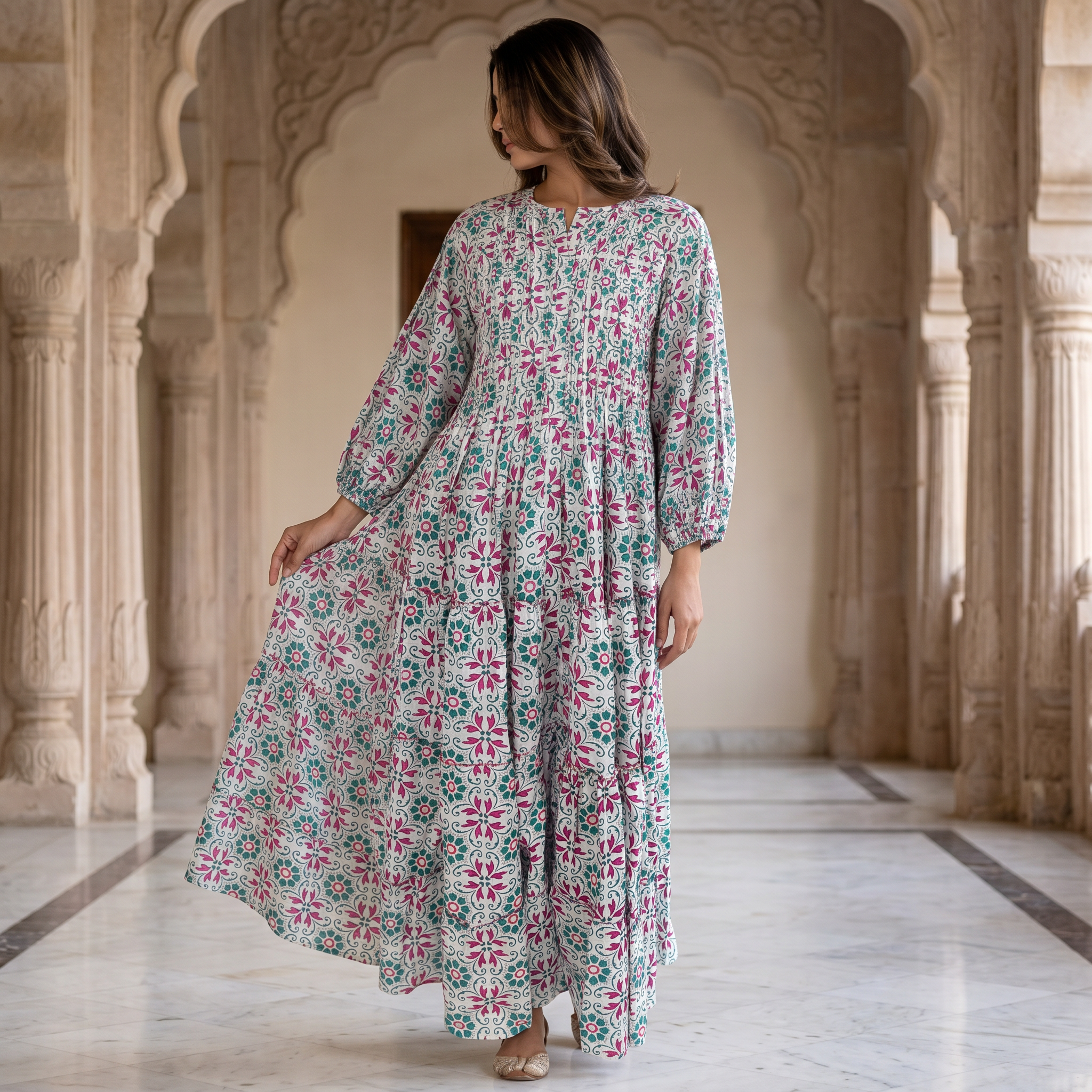 L-XL Fawz Printed Cotton Dress 57" Long Jalabiya 25169-1322  JP