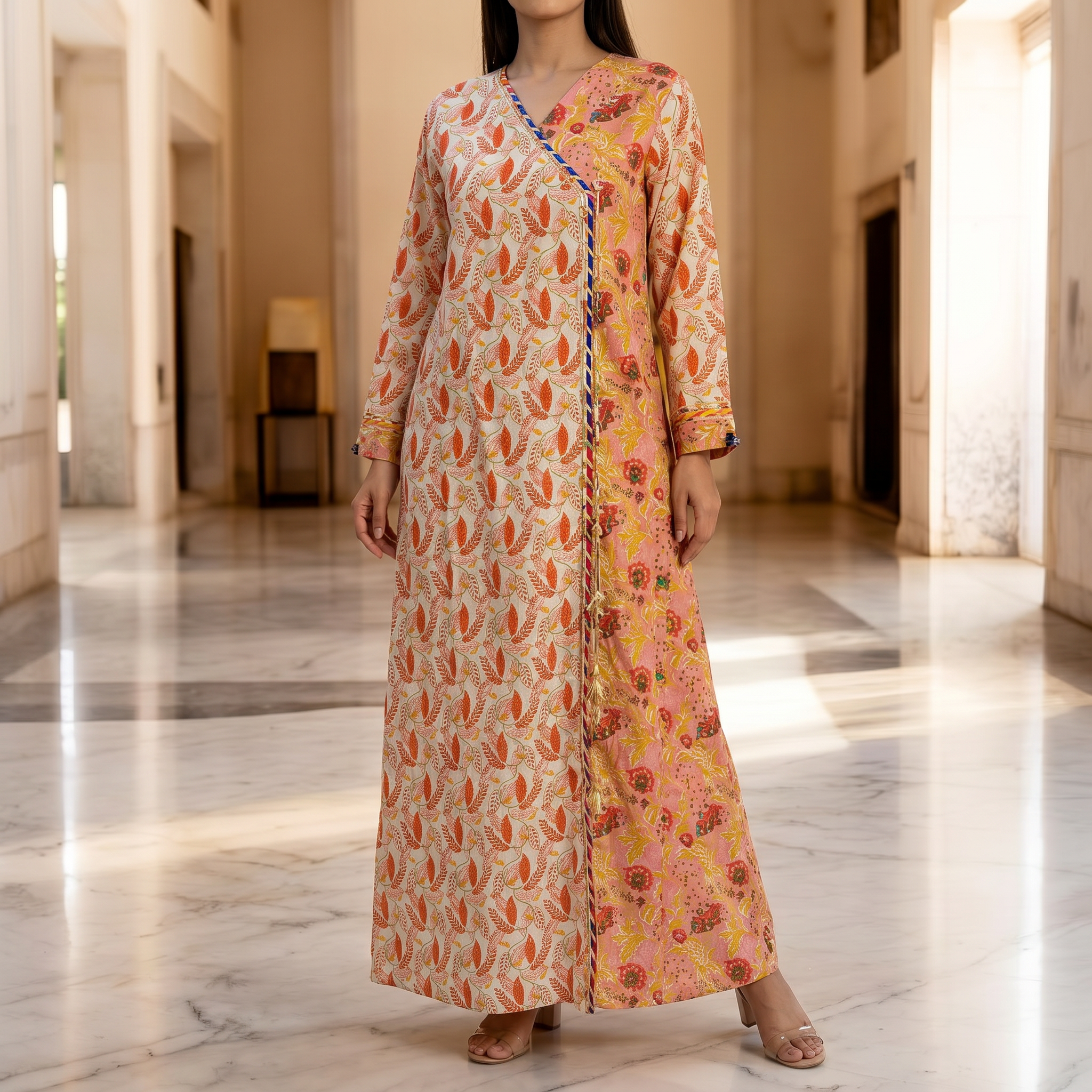 XS/S Lupines Printed Cotton Dress 54" Long Jalabiya 25249-1323 JP