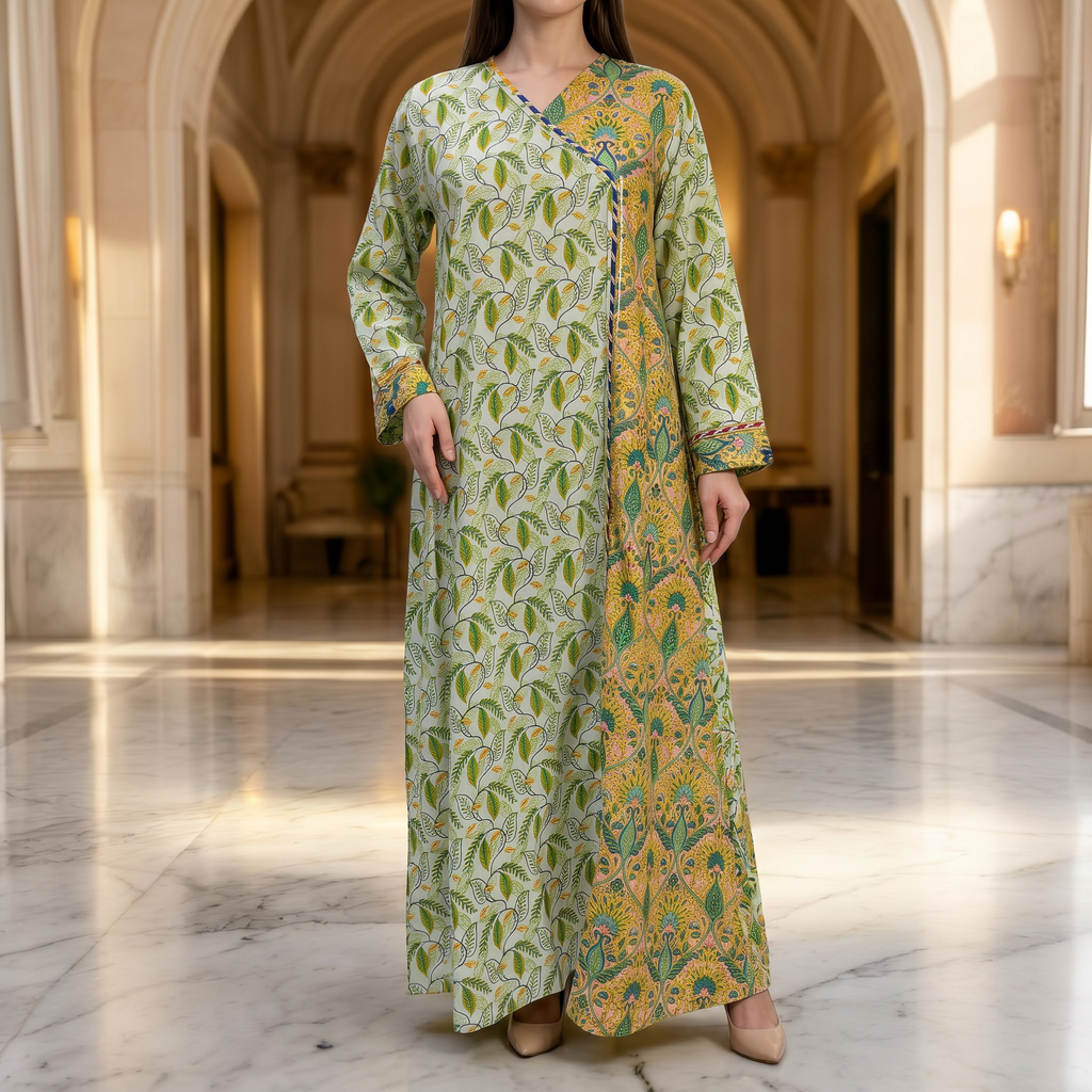 S/M Lupines Printed Cotton Dress 57" Long Jalabiya 25257-1324 JP
