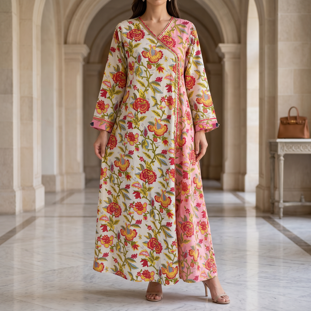 S/M Lupines Printed Cotton Dress 57" Long Jalabiya 25261-1324 JP